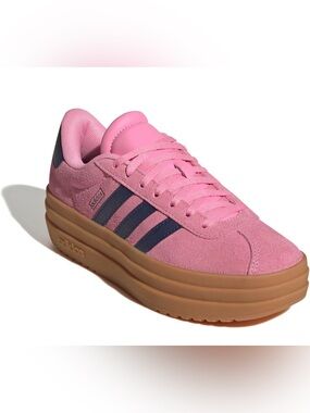 adidas VL Court Pink Suede Platform Sneakers with Navy Stripes and Gum Sole